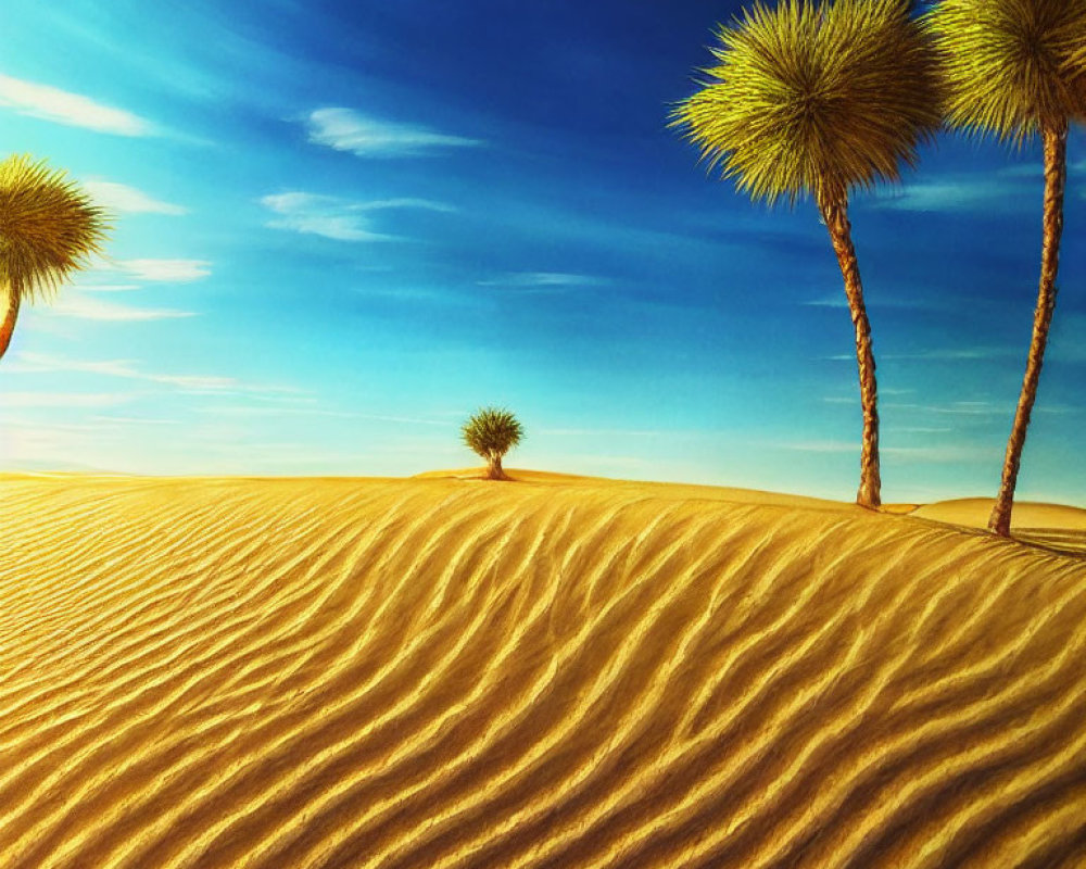 Golden sand dunes and palm trees in serene desert landscape