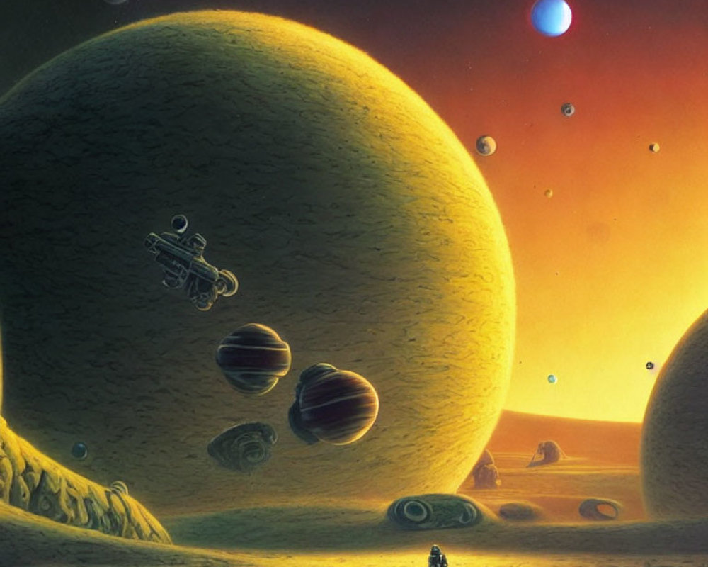 Sci-fi landscape with person, spaceships, and moons in orange sky