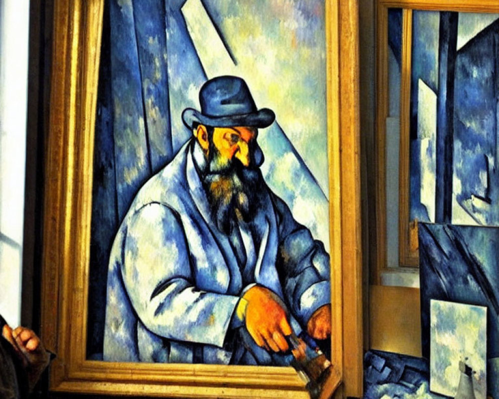 Expressionist-style painting of a bearded man with a hat in studio setting