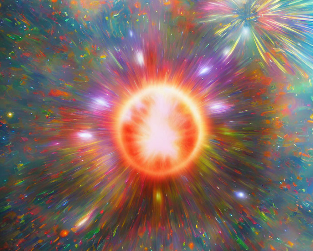 Colorful cosmic explosion resembling a supernova or Big Bang representation