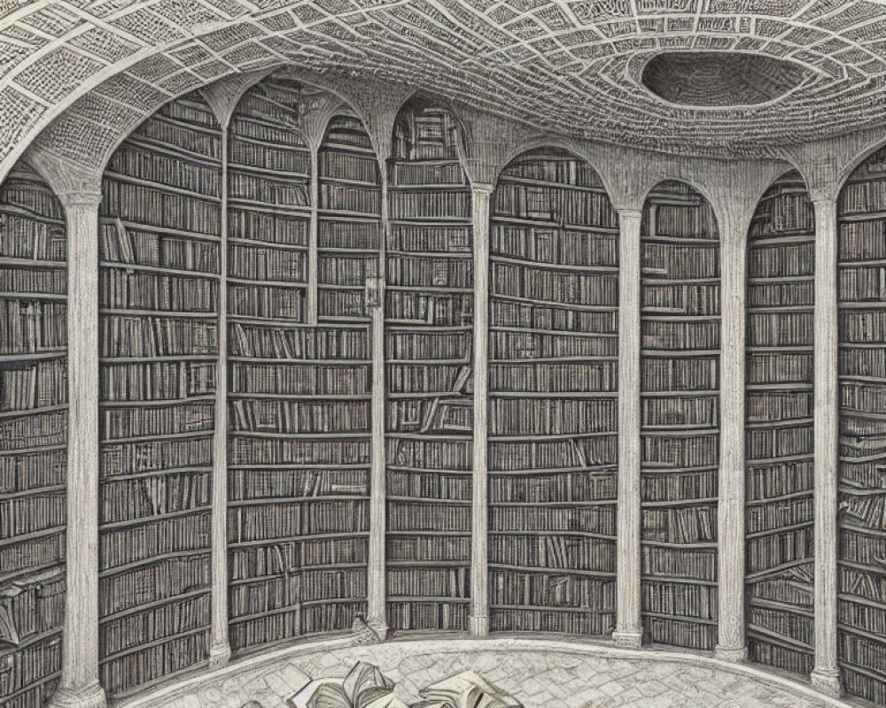 Detailed circular library drawing with arching bookshelves and open books on floor