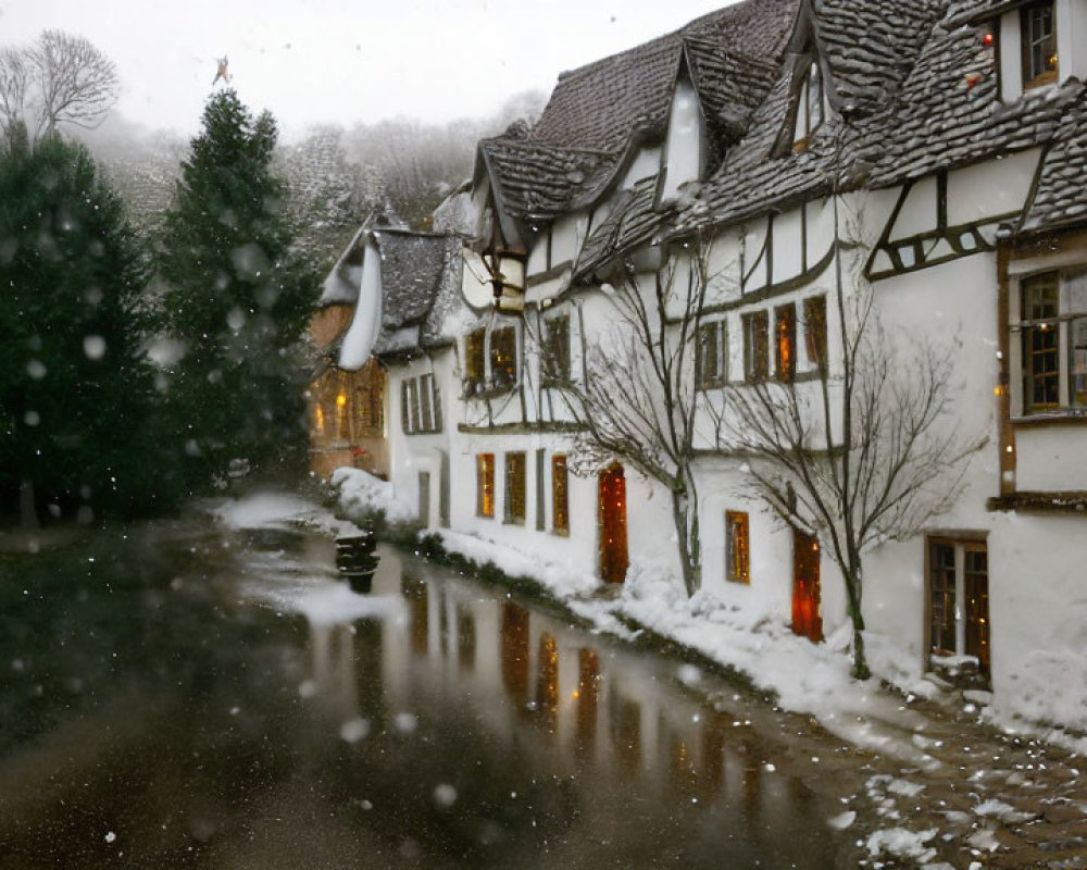 Snow-covered half-timbered houses by serene waterway in winter scene