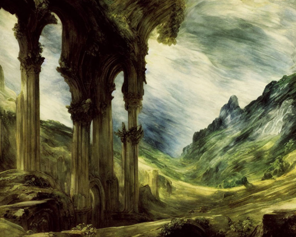 Gothic ruins in fantastical landscape with green skies