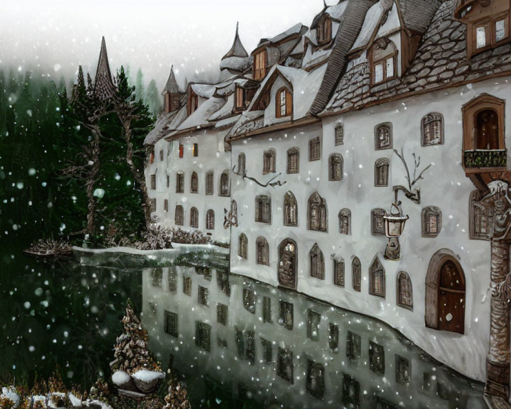 Snowy village illustration with traditional houses, pine tree, and gentle snowfall