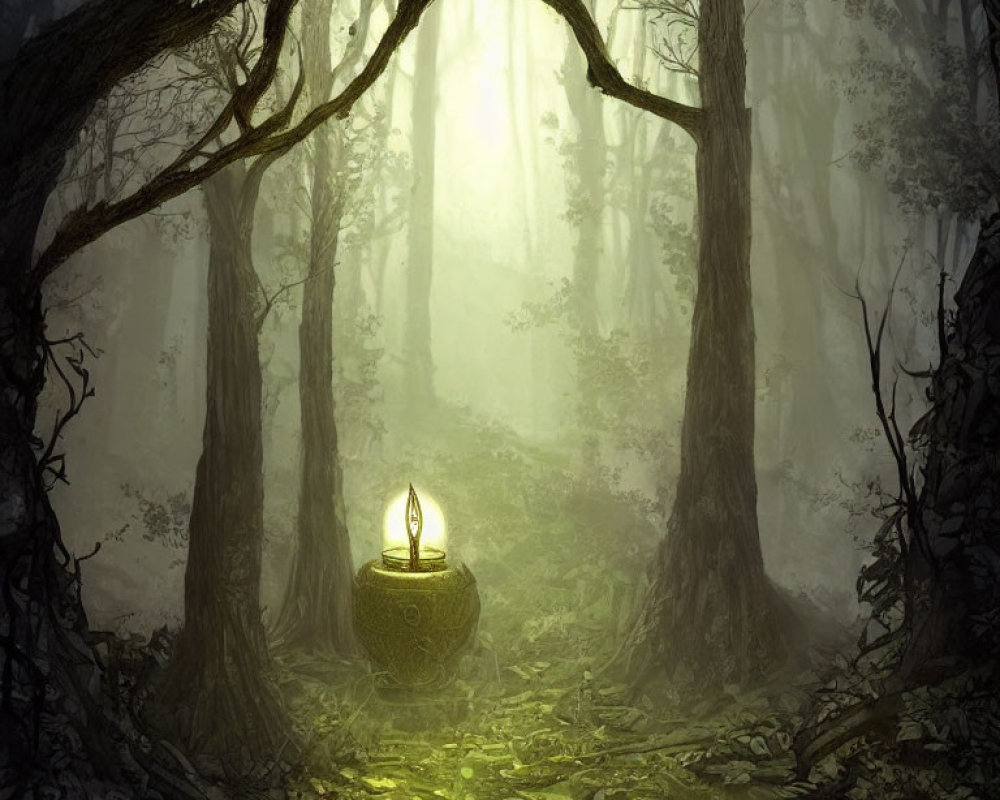 Misty forest scene with sunlight, lantern, and trees