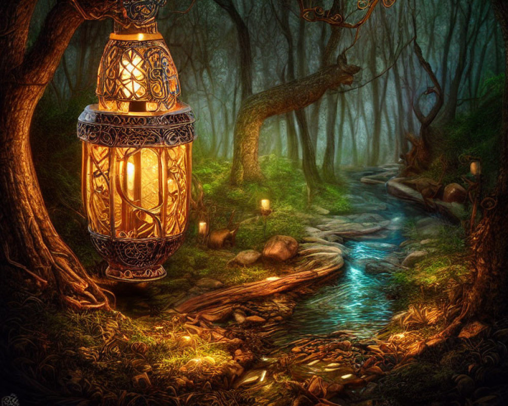 Intricately Designed Hanging Lantern Illuminates Mystical Forest Path