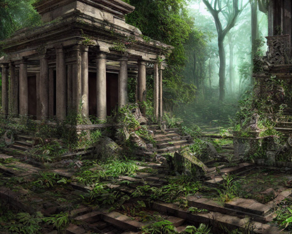 Overgrown Ancient Temple Ruins in Misty Forest