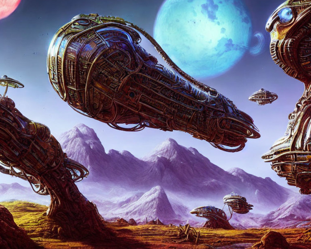 Futuristic sci-fi scene: marine-like ships soar over mountainous landscape with dual moons