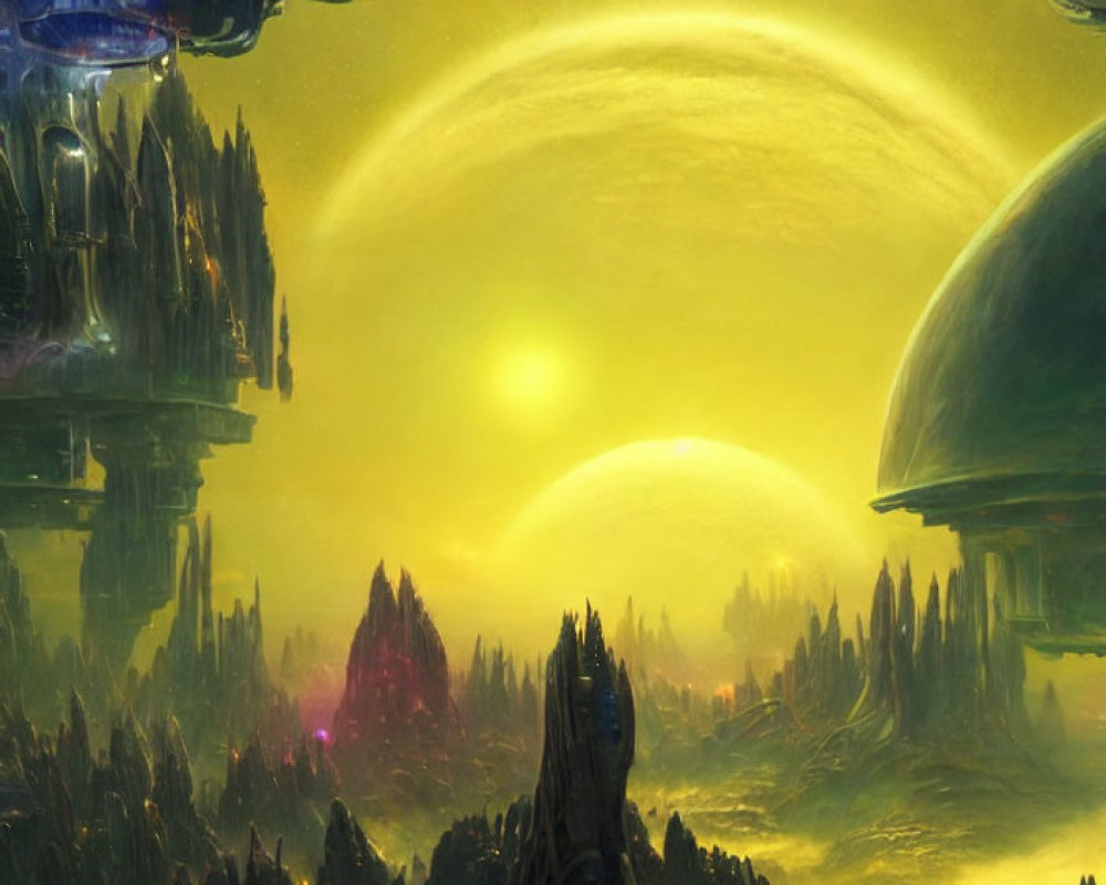 Sci-fi landscape with towering alien structures and large setting sun