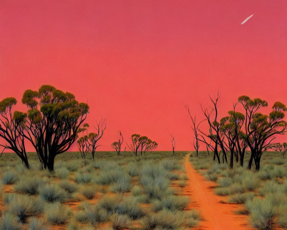 Desert landscape at dusk with red sky, dirt path, sparse vegetation, and meteor streak.