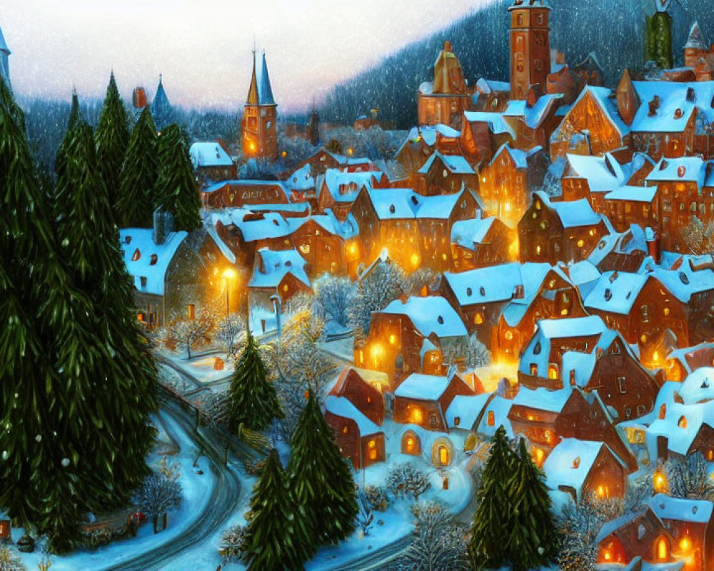 Snow-covered village with warmly lit houses and historical buildings in winter twilight