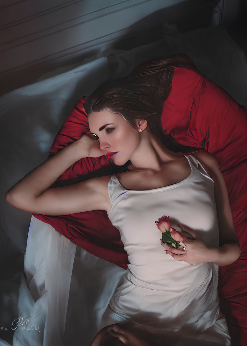 Woman on Red Bed Holding Rose in Contemplation