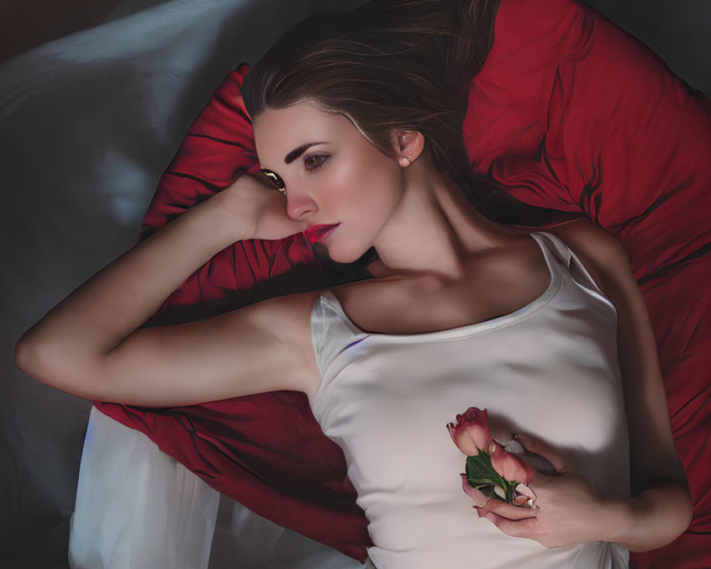 Woman on Red Bed Holding Rose in Contemplation