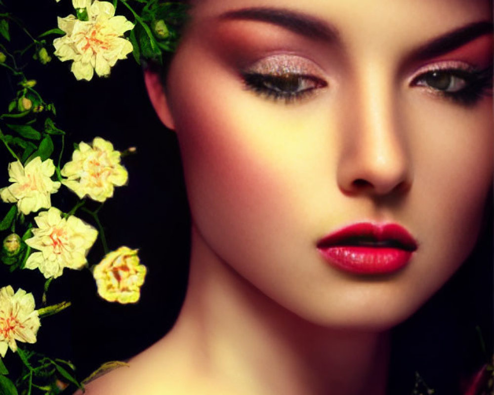 Woman with Floral Wreath and Dramatic Makeup on Dark Background