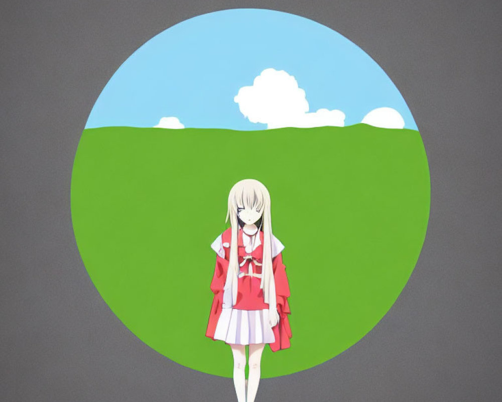Stylized anime girl with white hair in red jacket standing in circular field under clear sky