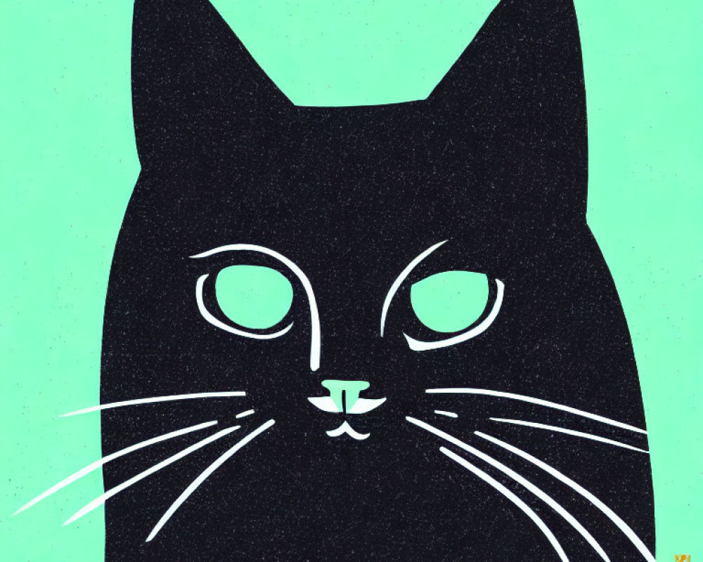 Stylized black cat illustration with white whiskers on teal background