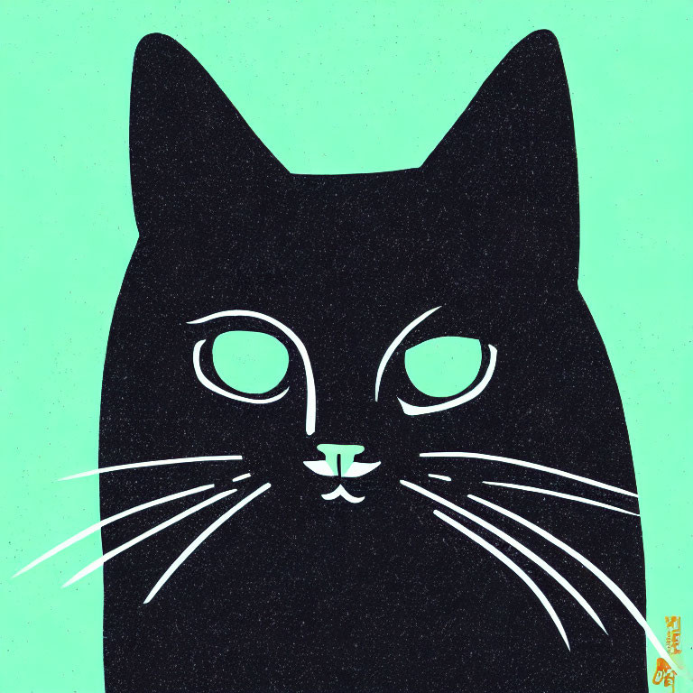 Stylized black cat illustration with white whiskers on teal background