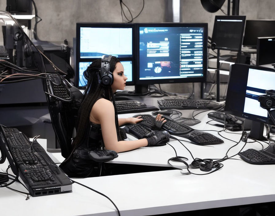 Dark Braided Hair Person at Computer Desk in High-Tech Office