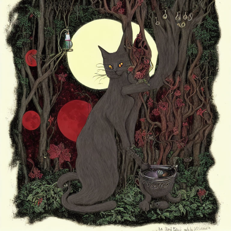 Enchanted forest scene with large cat and glowing eyes