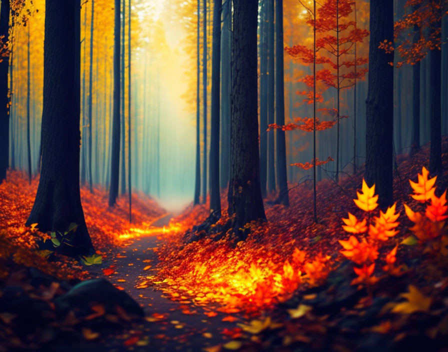 Scenic autumn forest path with warm sunlight and colorful fallen leaves.