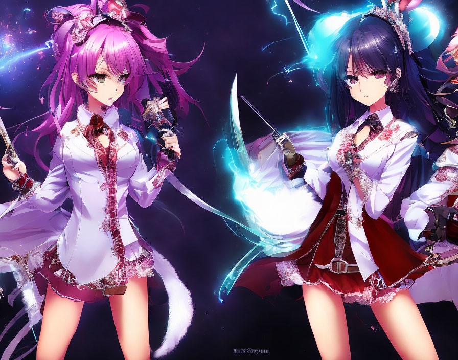 Anime-style girls with swords in cosmic backdrop