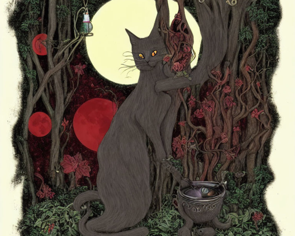 Enchanted forest scene with large cat and glowing eyes