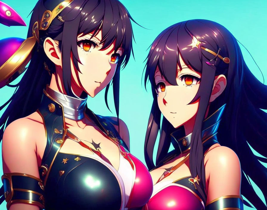 Two dark-haired female characters in red and black outfits with gold accents on blue background