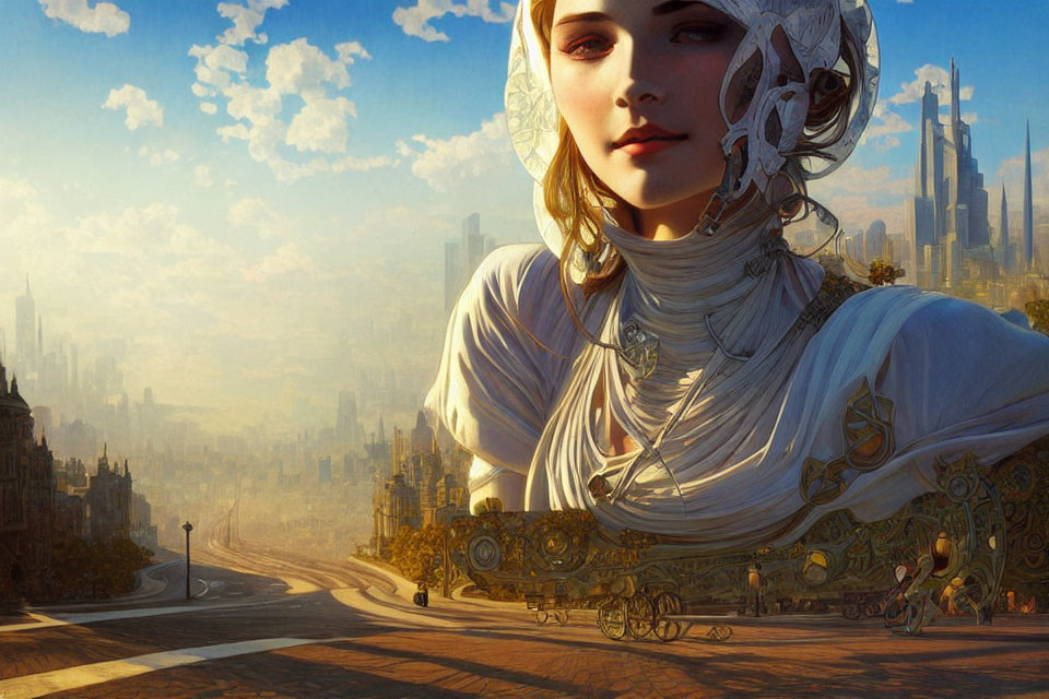 Illustrated female figure in ornate dress with white headscarf against futuristic cityscape