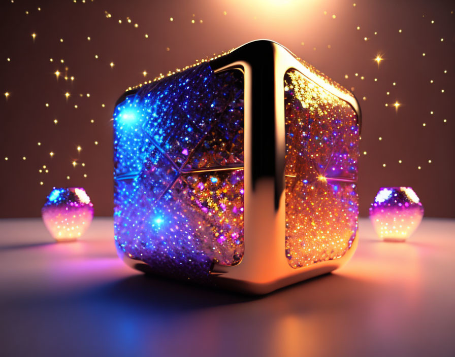 Glowing cosmic cube with star sparkles and spheres on dark backdrop