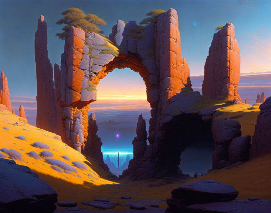 Majestic rock formations and glowing horizon in twilight sky