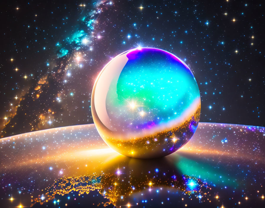 Reflective glossy sphere showcasing vibrant galaxy with stars and nebulae