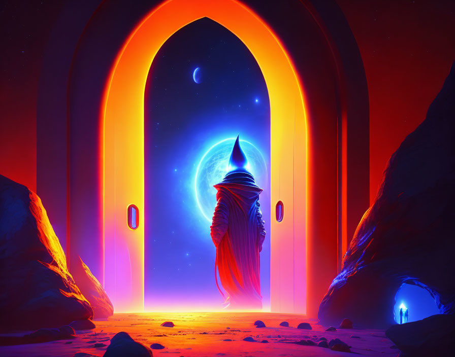 Cloaked Figure Before Glowing Arched Doorway to Cosmic Landscape