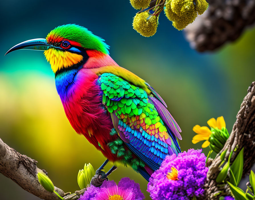 Colorful Bird with Rainbow Plumage and Curved Beak Perched on Branch