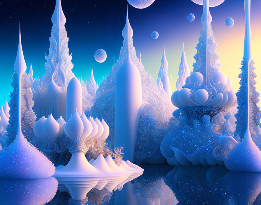 Whimsical blue and white ice-like structures under starry sky