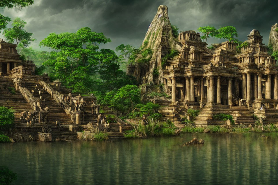 Mystical jungle landscape with ancient temple ruins by calm lake