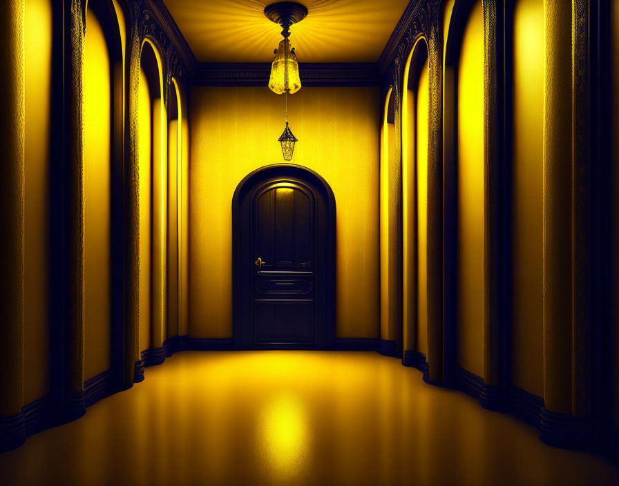 Golden-lit corridor with ornate walls and closed door under hanging lantern