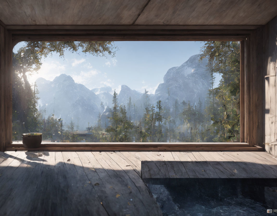 Tranquil forest and snow-capped mountains view from window