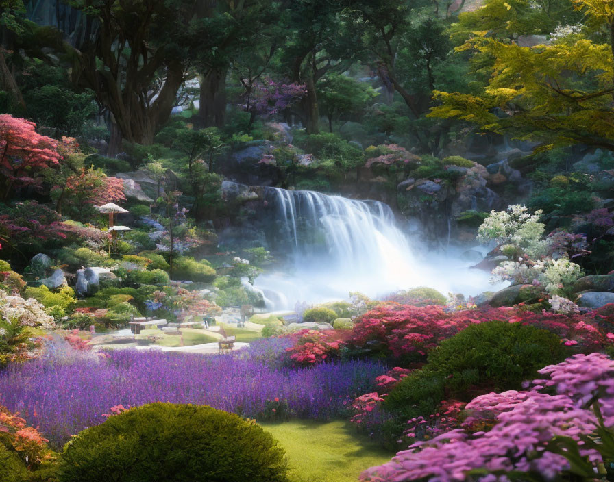 Vibrant garden with waterfall and sunlight filtering through trees