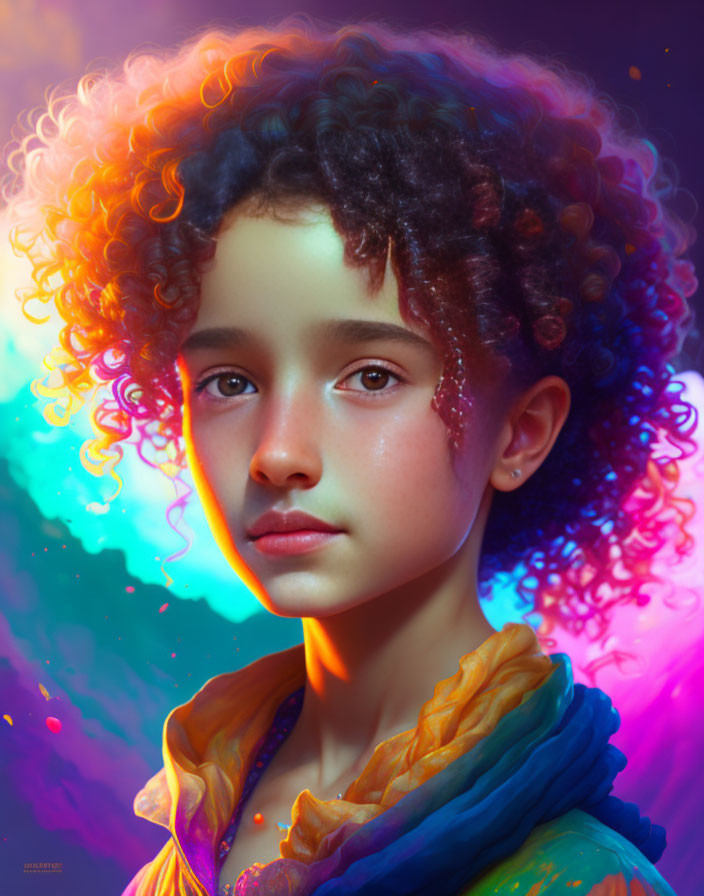 Vivid Multicolored Light Illuminates Curly-Haired Young Person