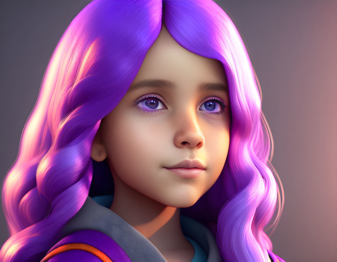 Young girl with purple hair and glowing eyes in digital portrait