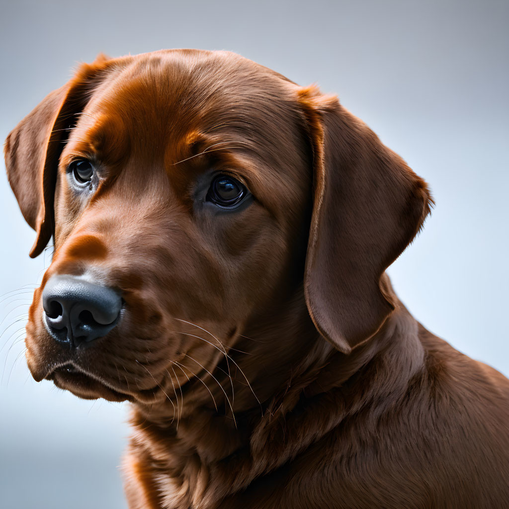 Brown dog with glossy coat and soulful eyes in soft-focus background