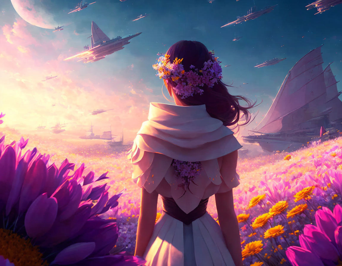 Woman in White Dress in Purple Field with Flying Ships