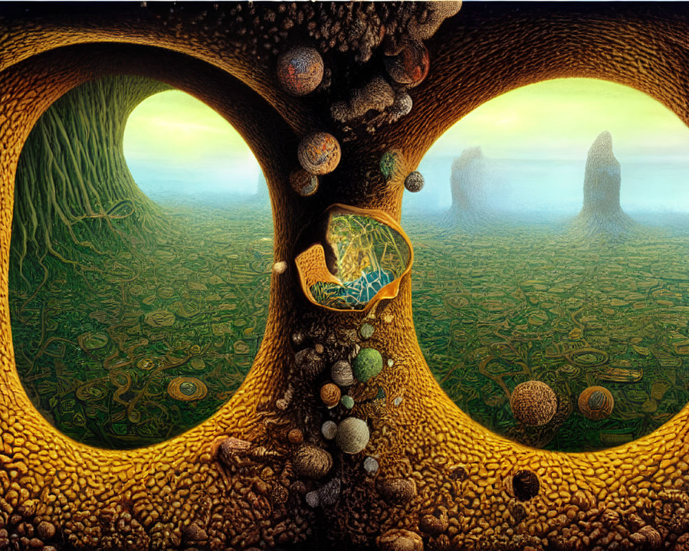 Surreal landscape featuring organic hollow structure and rock formations in distance amid verdant field.