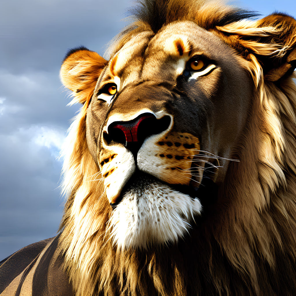 Majestic lion with rich mane against cloudy sky