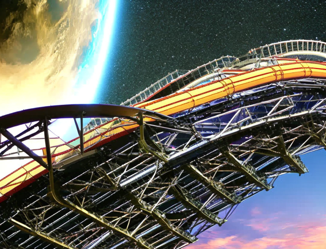 Futuristic orange roller coaster against starry sky and Earth's horizon.