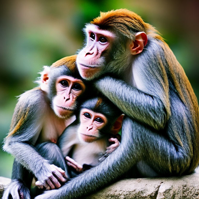 Three monkeys showing closeness and family bond