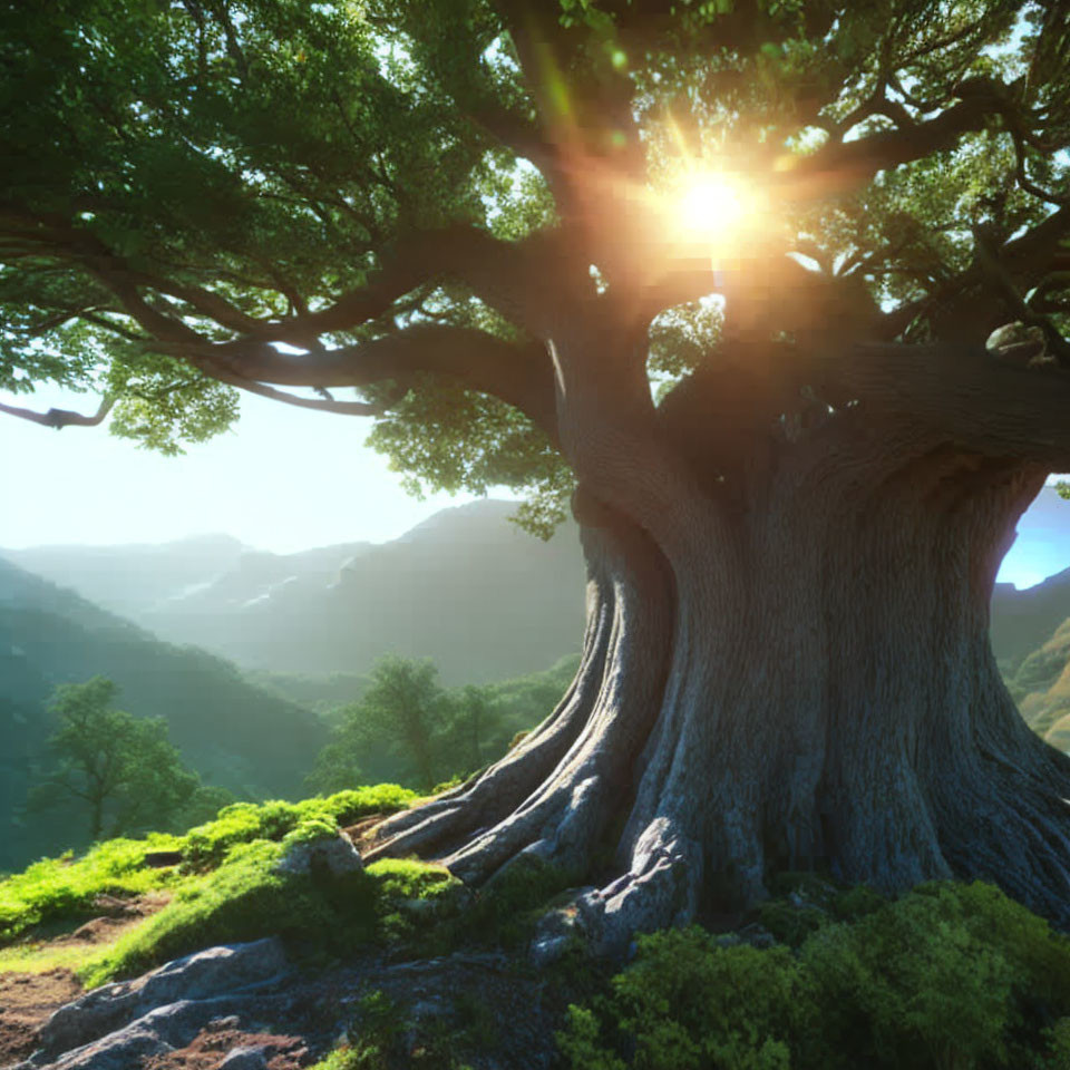 Majestic tree overlooking serene hilly terrain