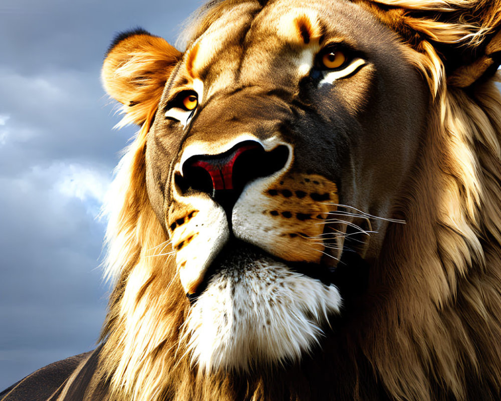 Majestic lion with rich mane against cloudy sky