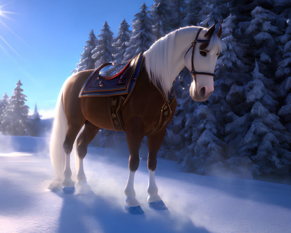 Majestic horse with decorative saddle in snowy forest with sunlight and mist.