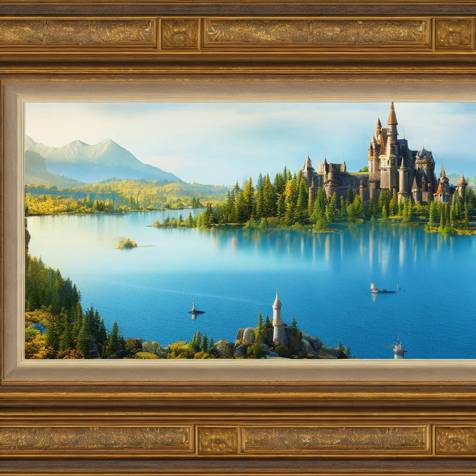 Fantasy landscape with castle, lake, and lush forests